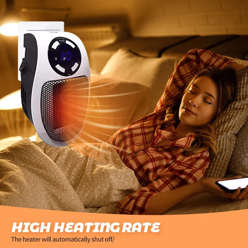 Portable Space Heater warming a cozy bedroom with a person relaxing in bed, demonstrating high heating rate.