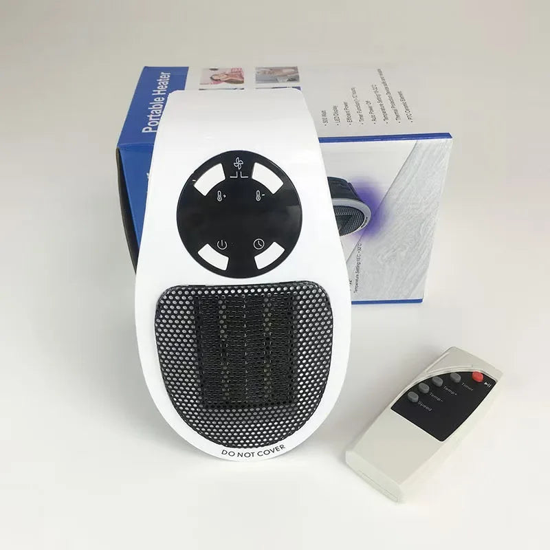 Portable Space Heater with remote control and compact design next to its box, ideal for small rooms.