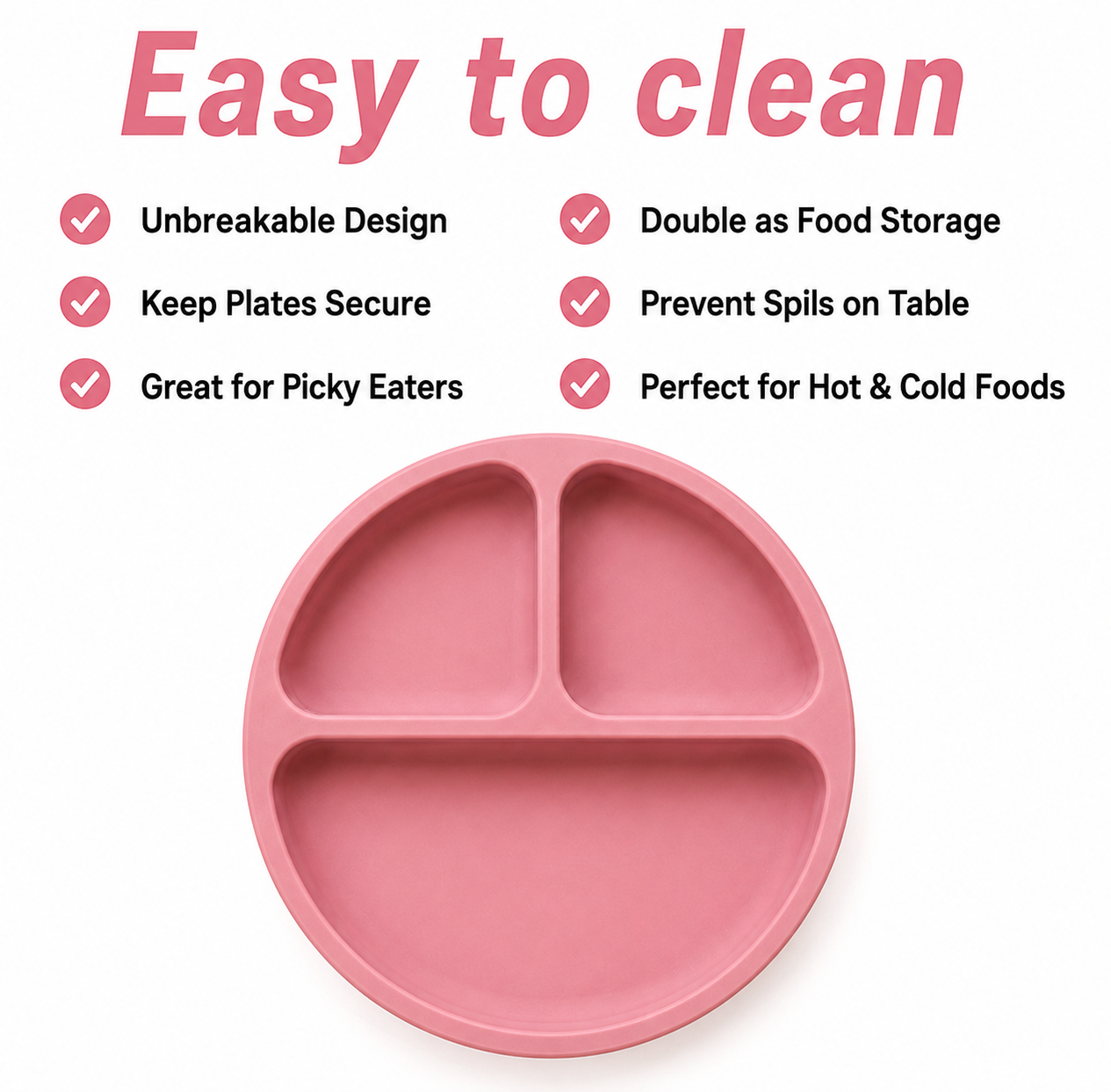 Pink silicone baby plate with three compartments, shown on a white background with marketing text highlighting easy cleaning features.