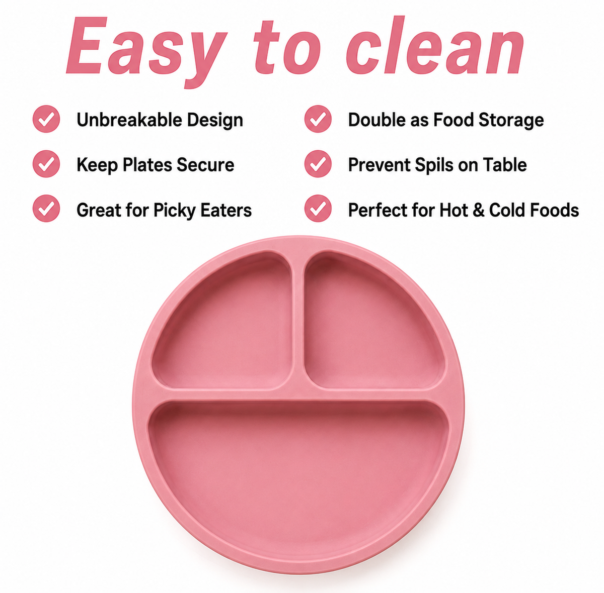 Pink silicone baby plate with three compartments, shown on a white background with marketing text highlighting easy cleaning features.