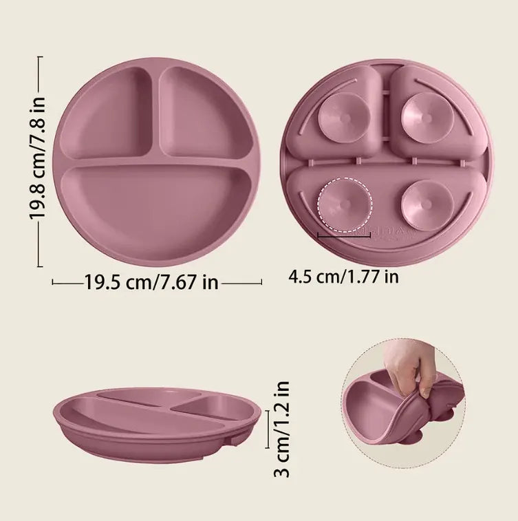 Pink silicone tray with compartments and measurements on a beige background